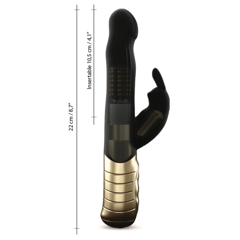 Black and gold rechargeable vibrator with a rabbit ear design.