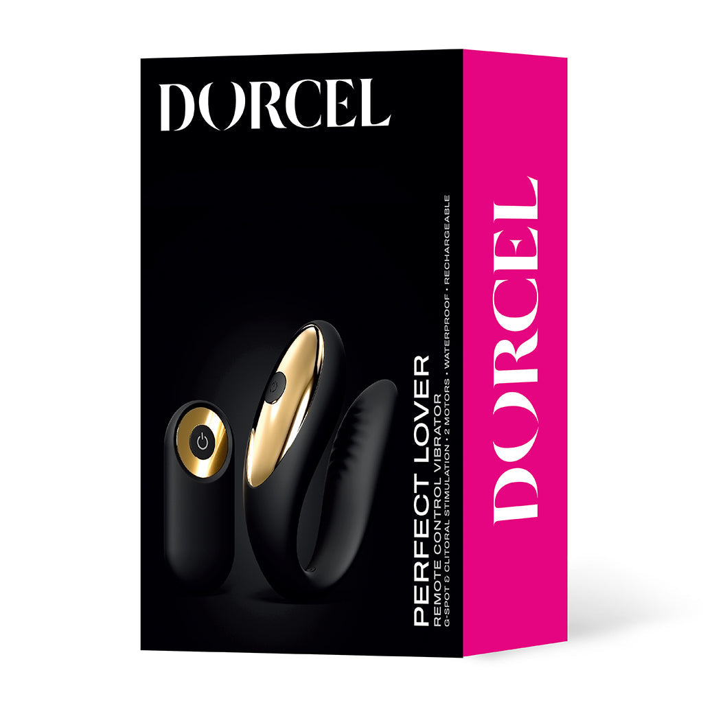 Black and gold dual motor vibrator with remote control on Dorcel packaging.