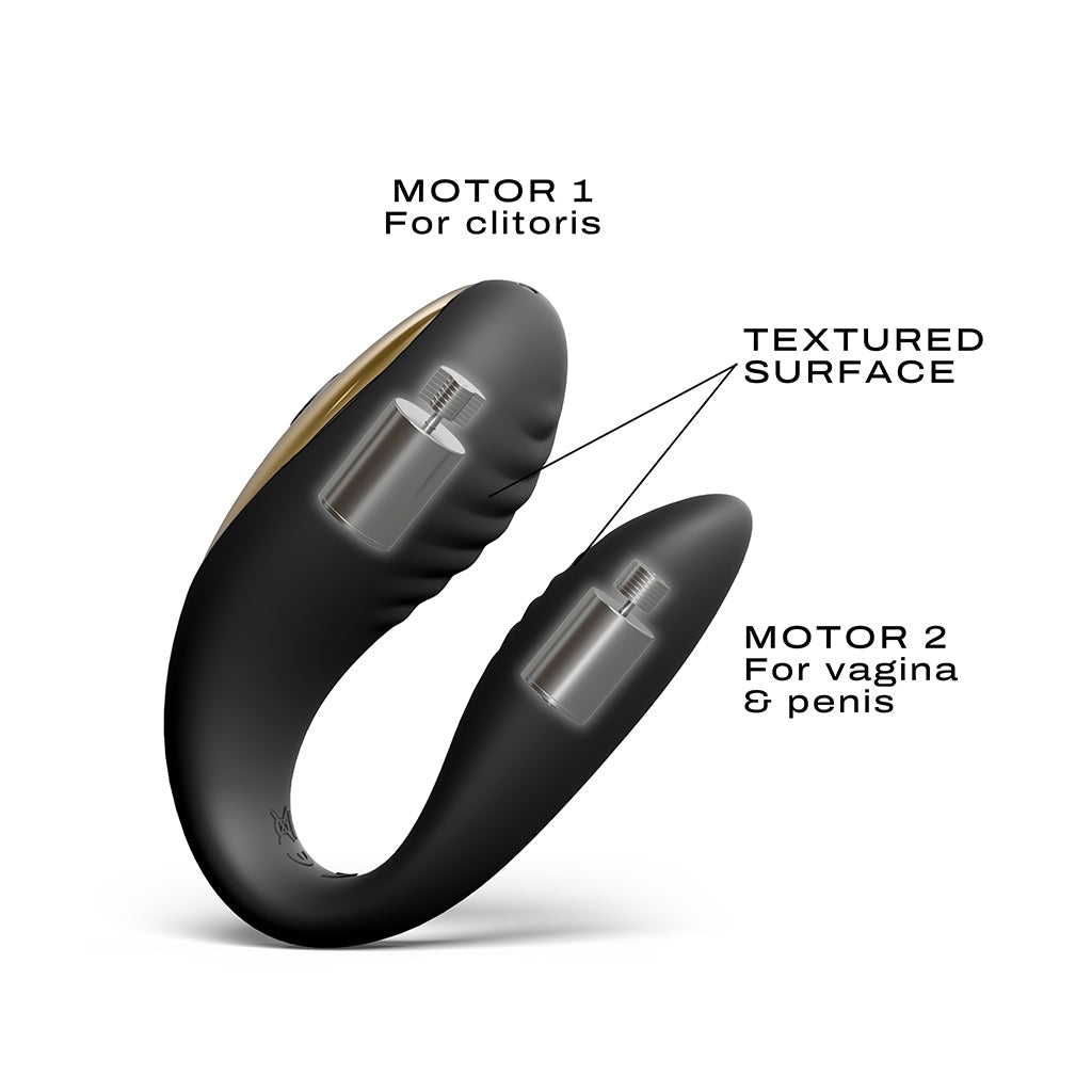 A black dual motor vibrator with internal motors labeled for clitoral and G-spot stimulation.