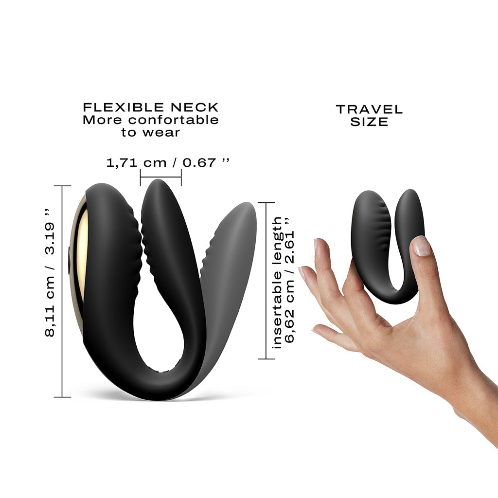A black dual motor vibrator with dimensions and a hand holding a smaller version.