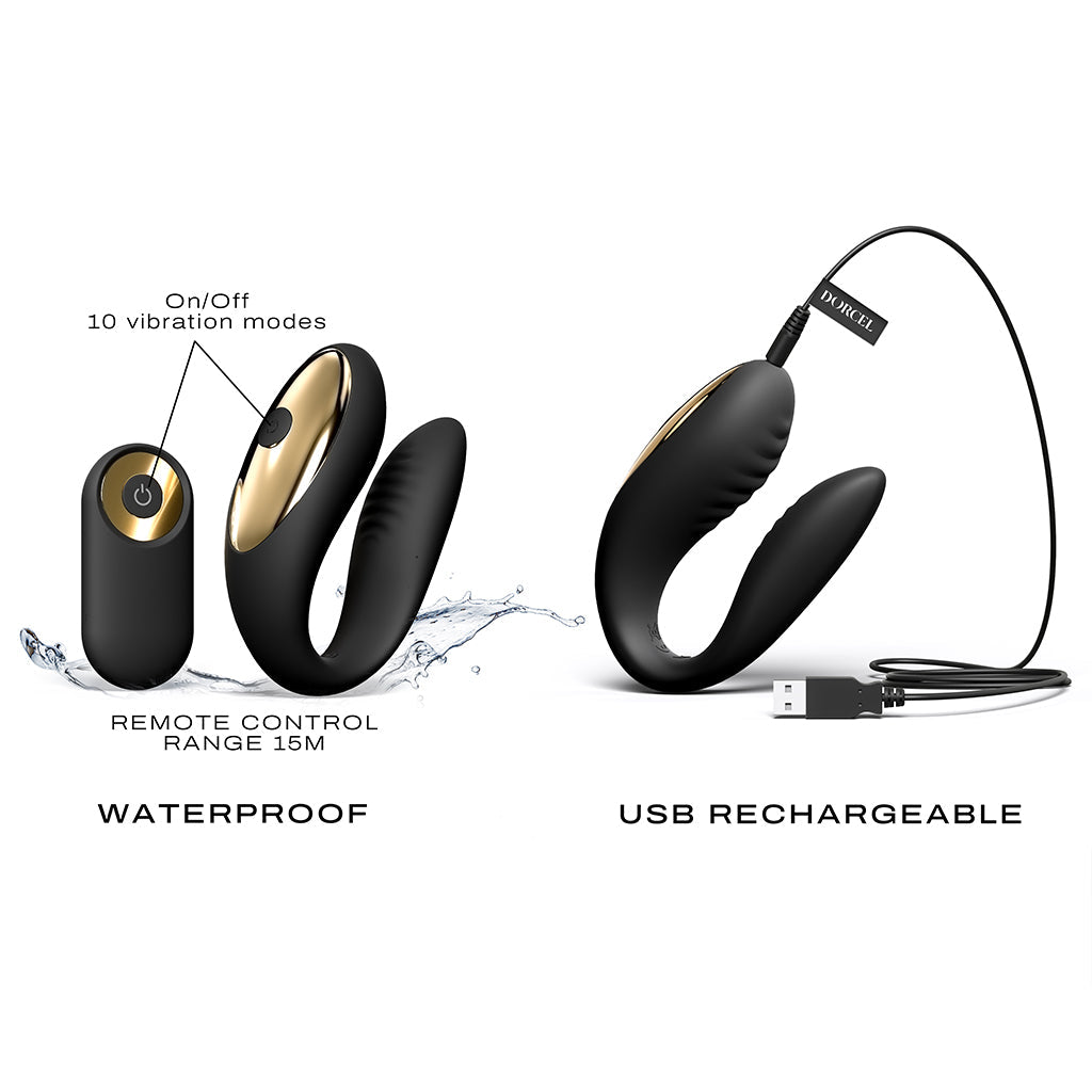 Black dual motor vibrator with remote control and USB charging cable.