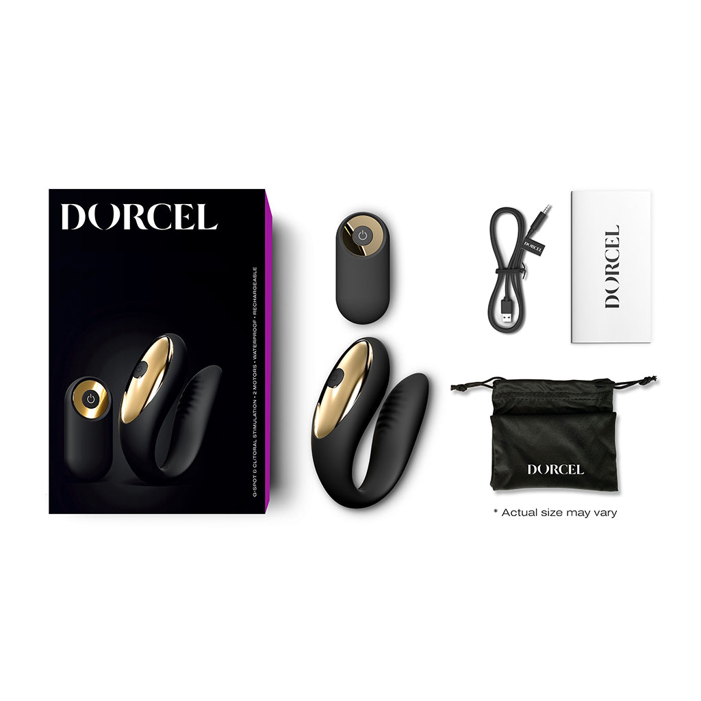 Dorcel dual motor G-spot and clitoral vibrator with remote, cable, and storage bag.
