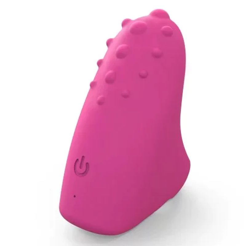 Pink silicone clitoral vibrator with textured bumps and a power button.