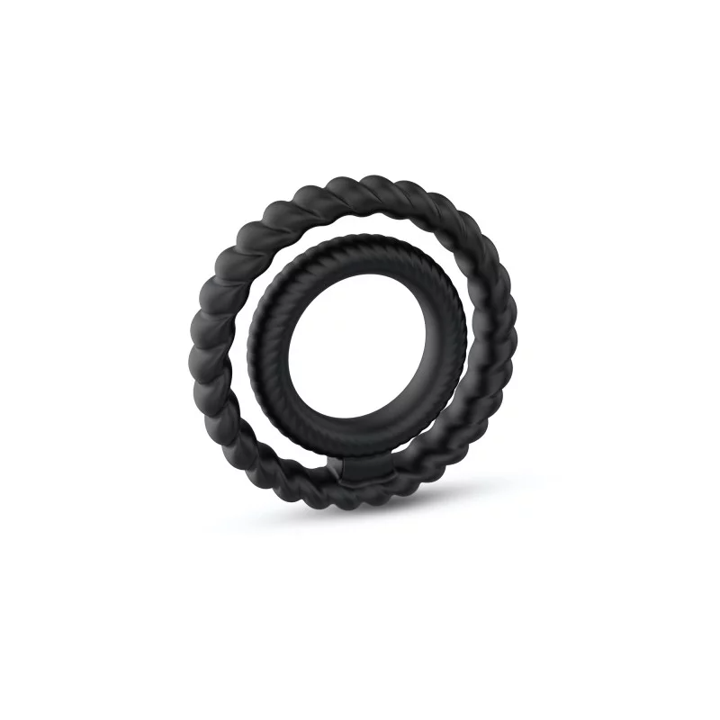 Dual black silicone cock ring with ribbed outer ring and smooth inner ring.
