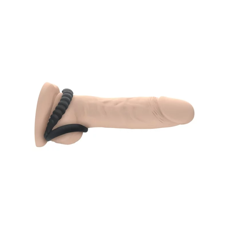 Dual silicone cock ring with ribbed design for testicle stimulation.