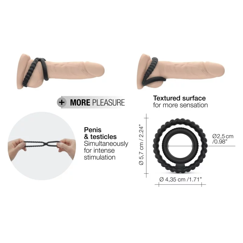 Dual silicone cock ring with ribbed texture for penis and testicle stimulation, shown in diagrams with dimensions.