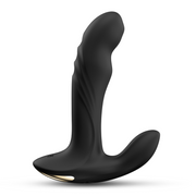 Black silicone prostate massager with a curved design and gold accent.