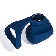 Navy blue silicone finger vibrator with a button on top.
