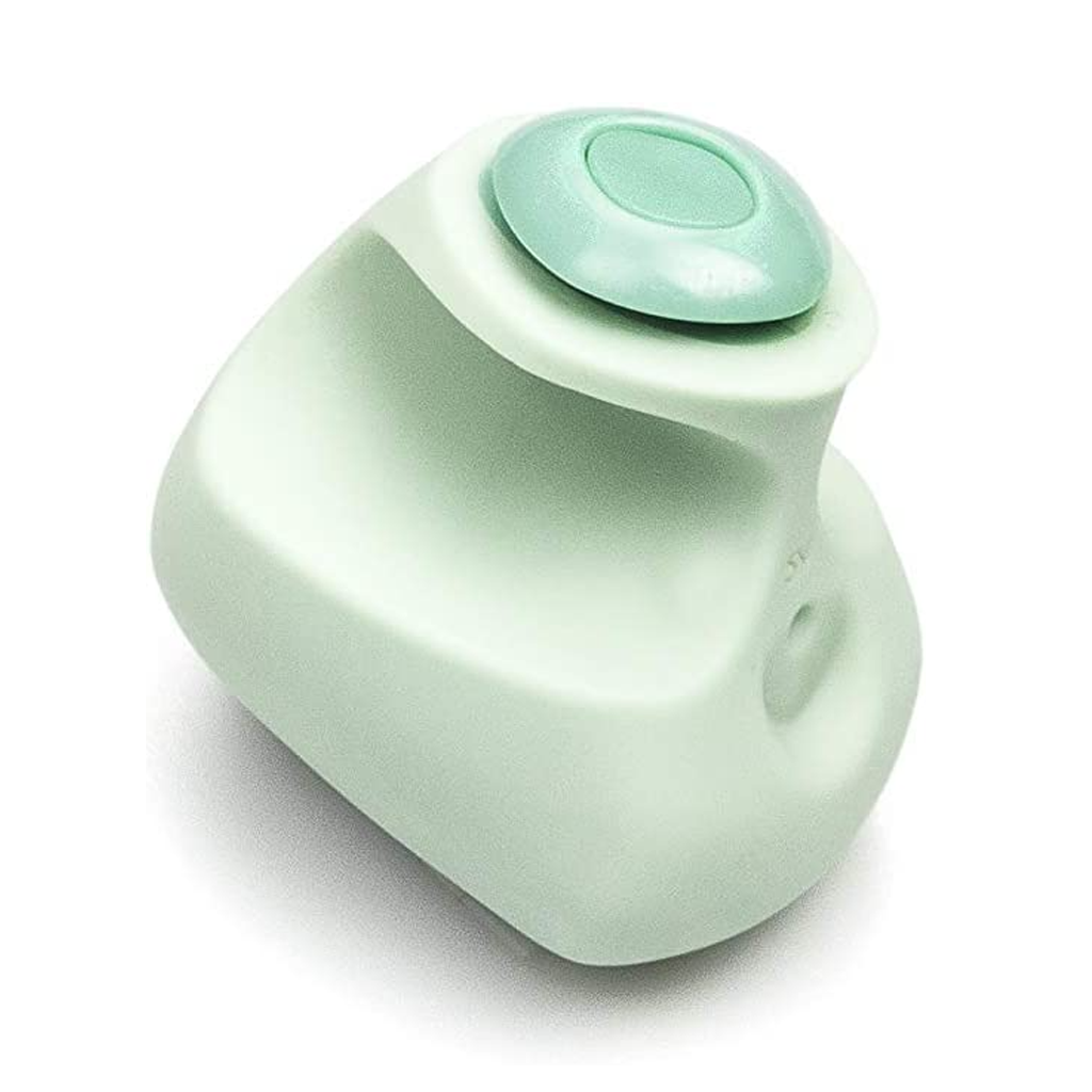 Jade silicone finger vibrator with a green button.