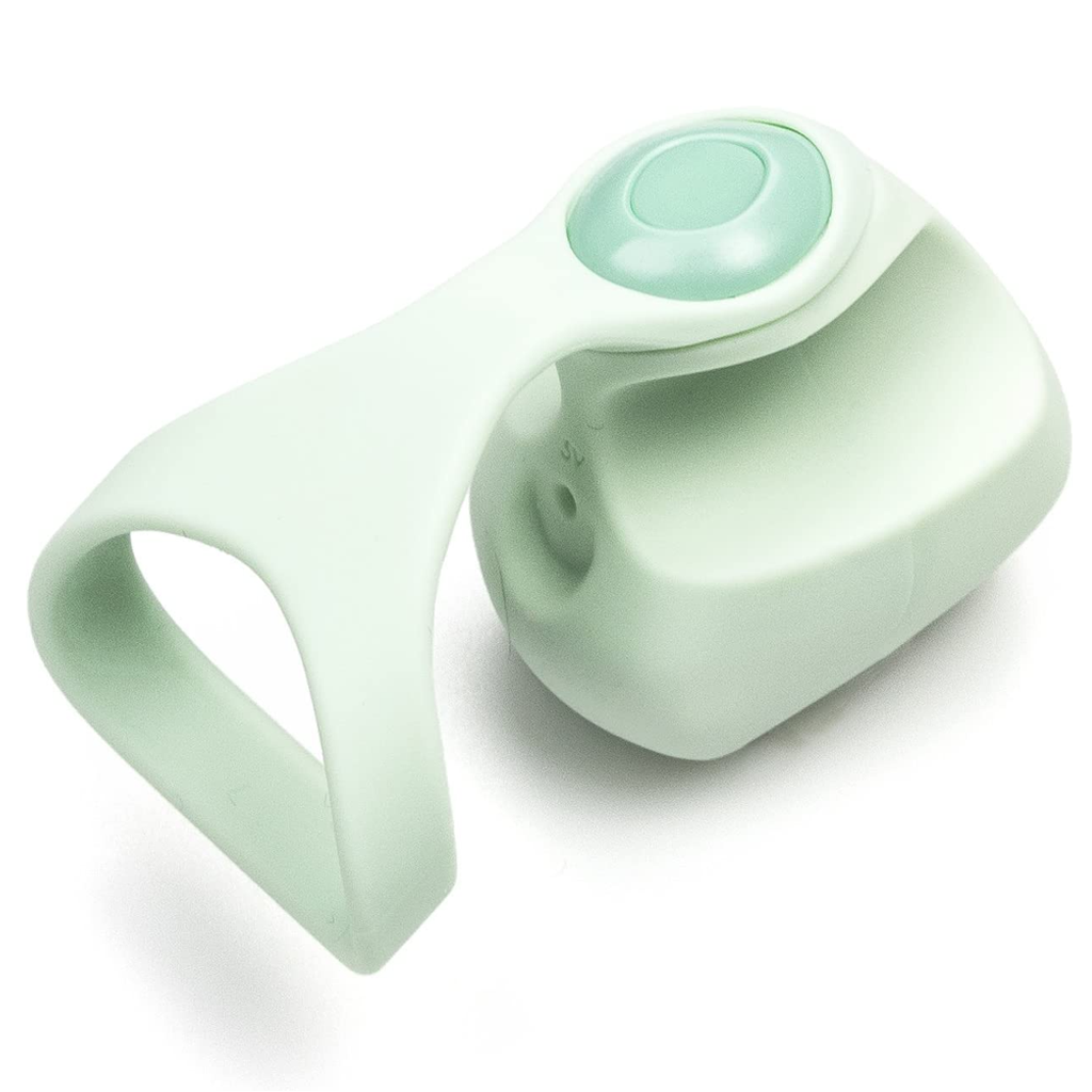 Rechargeable jade silicone finger vibrator with a button on top.