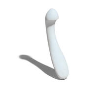 A white, curved silicone G-spot vibrator with a rounded tip.