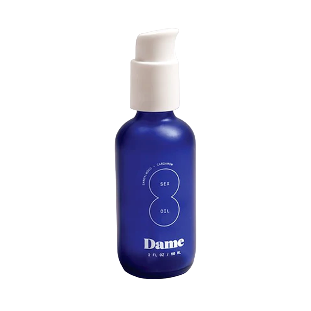 Blue bottle of Dame Natural Sandalwood & Cardamom Sex Oil.
