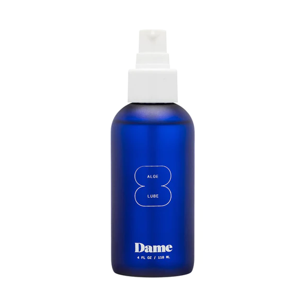 Blue bottle of Dame Aloe Lube with white pump and label.