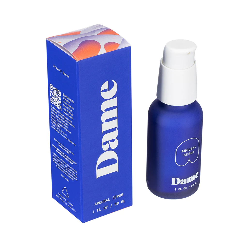 A blue bottle of Dame Arousal Serum with a white pump dispenser.