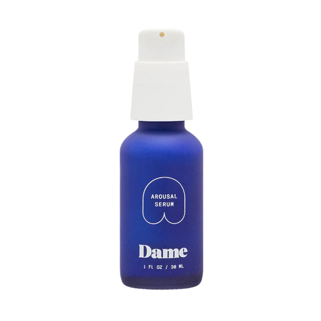 Blue bottle of Dame Arousal Serum with a white pump dispenser.