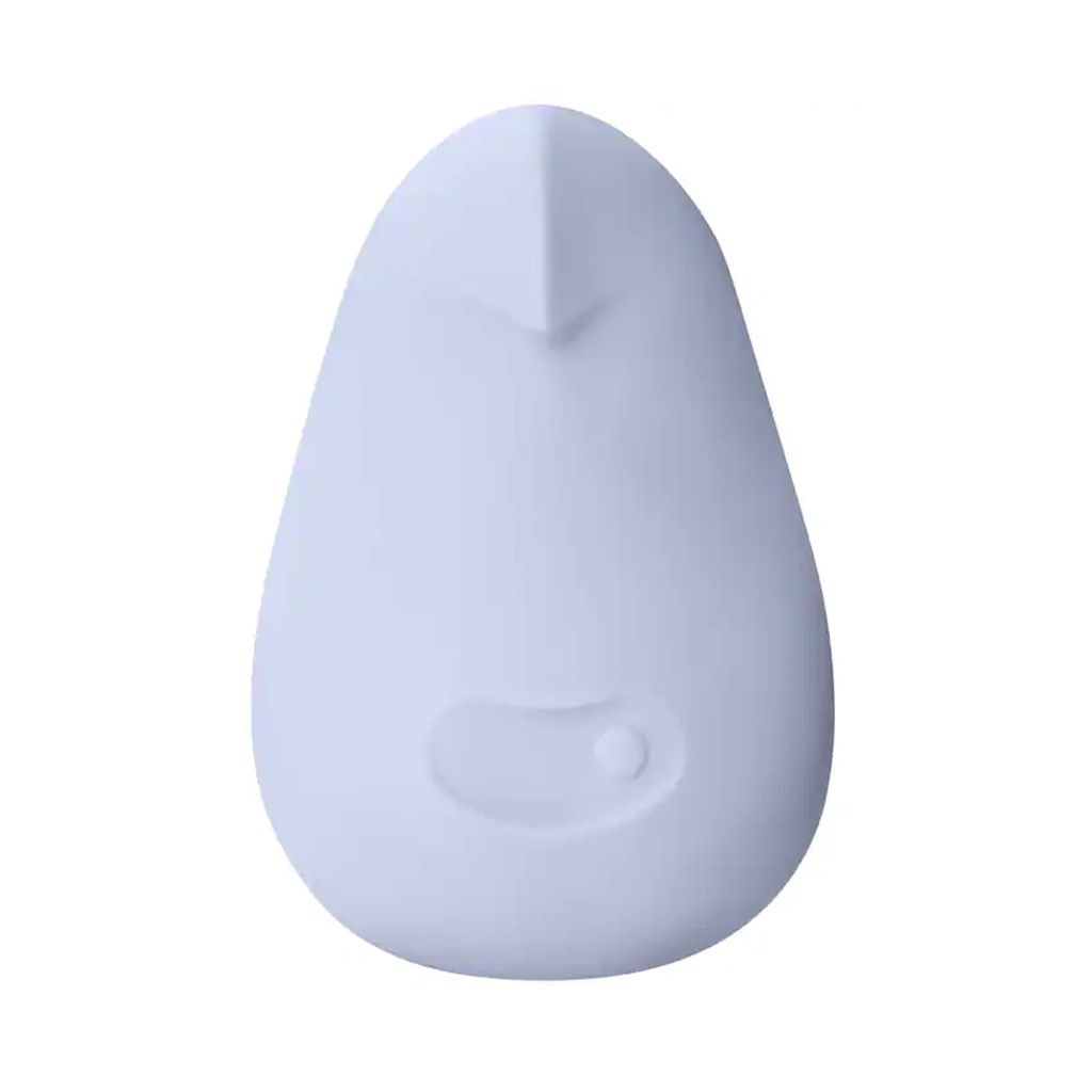 A light purple, teardrop-shaped vibrator with a pointed top and a small circular button.
