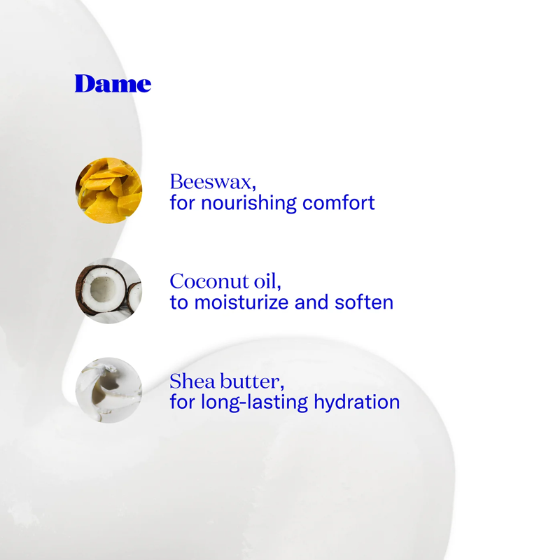 Dame Play Balm features beeswax, coconut oil, and shea butter for hydration.