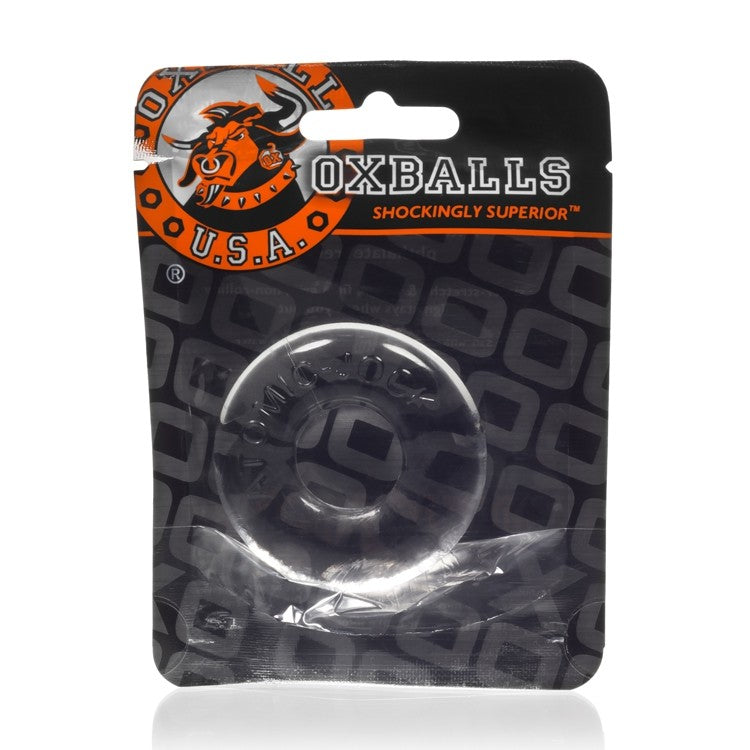 Clear TPR cock ring and ball stretcher in packaging.