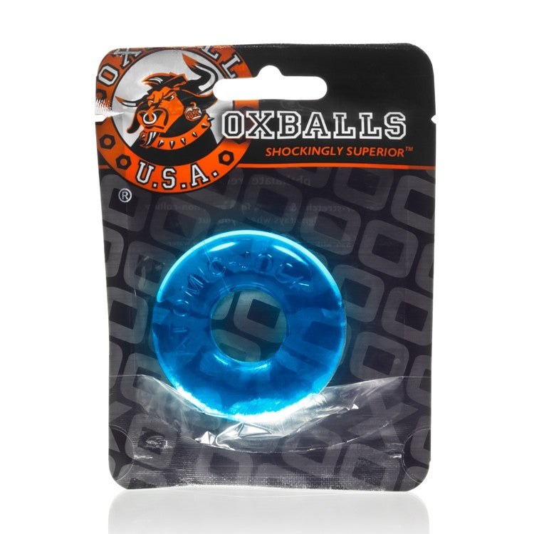 Blue stretchy soft cock ring in packaging with "OXBALLS" logo.