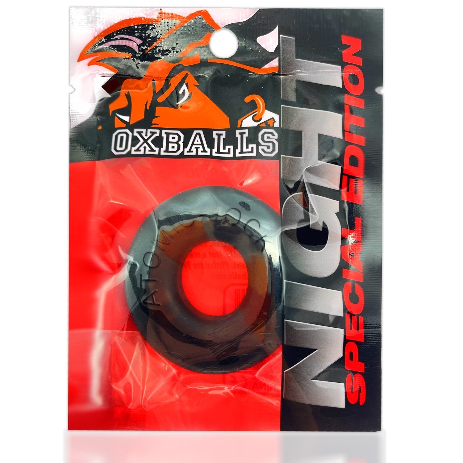 Oxballs Night Edition silicone cock ring stretcher in packaging.