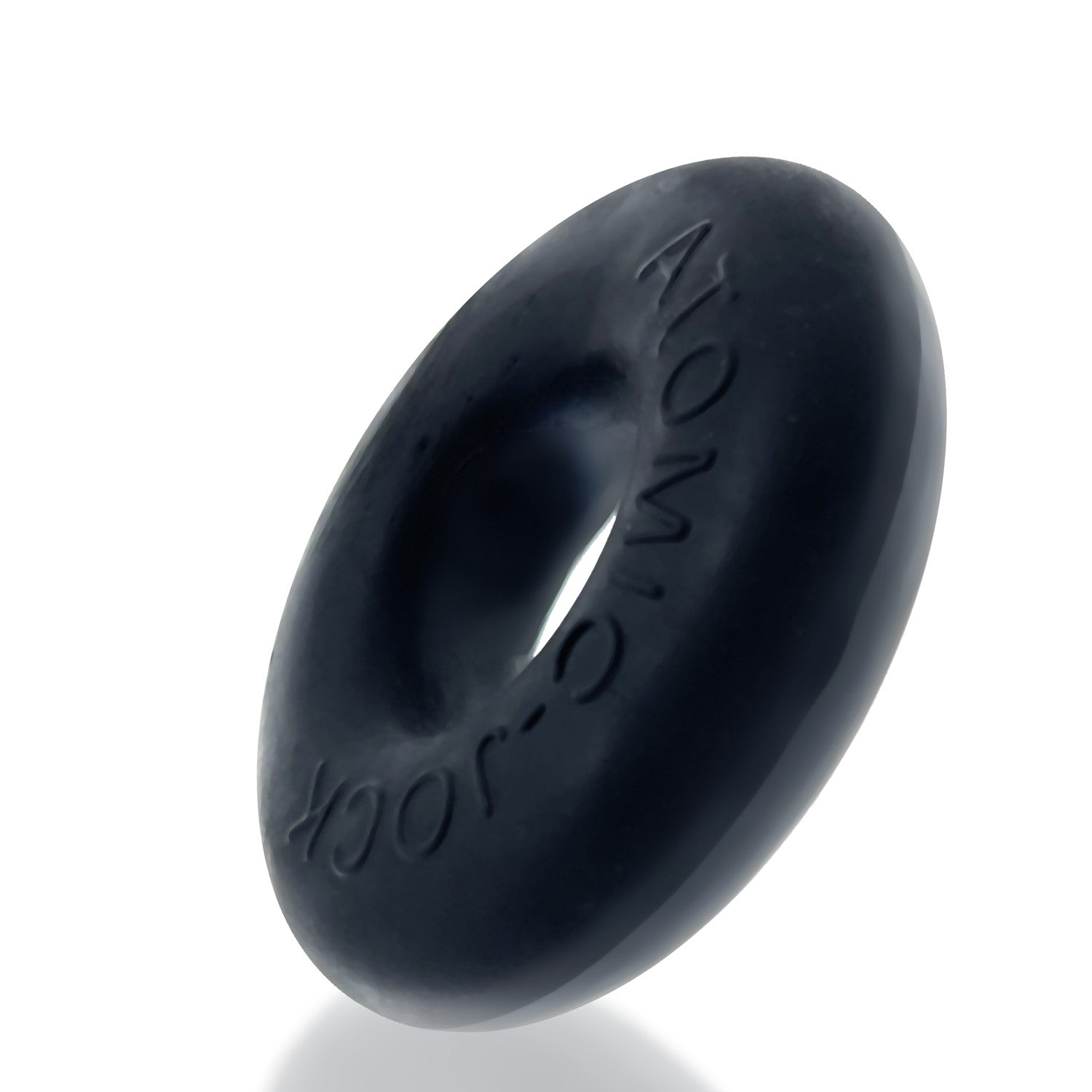 Black silicone cock ring with embossed text.