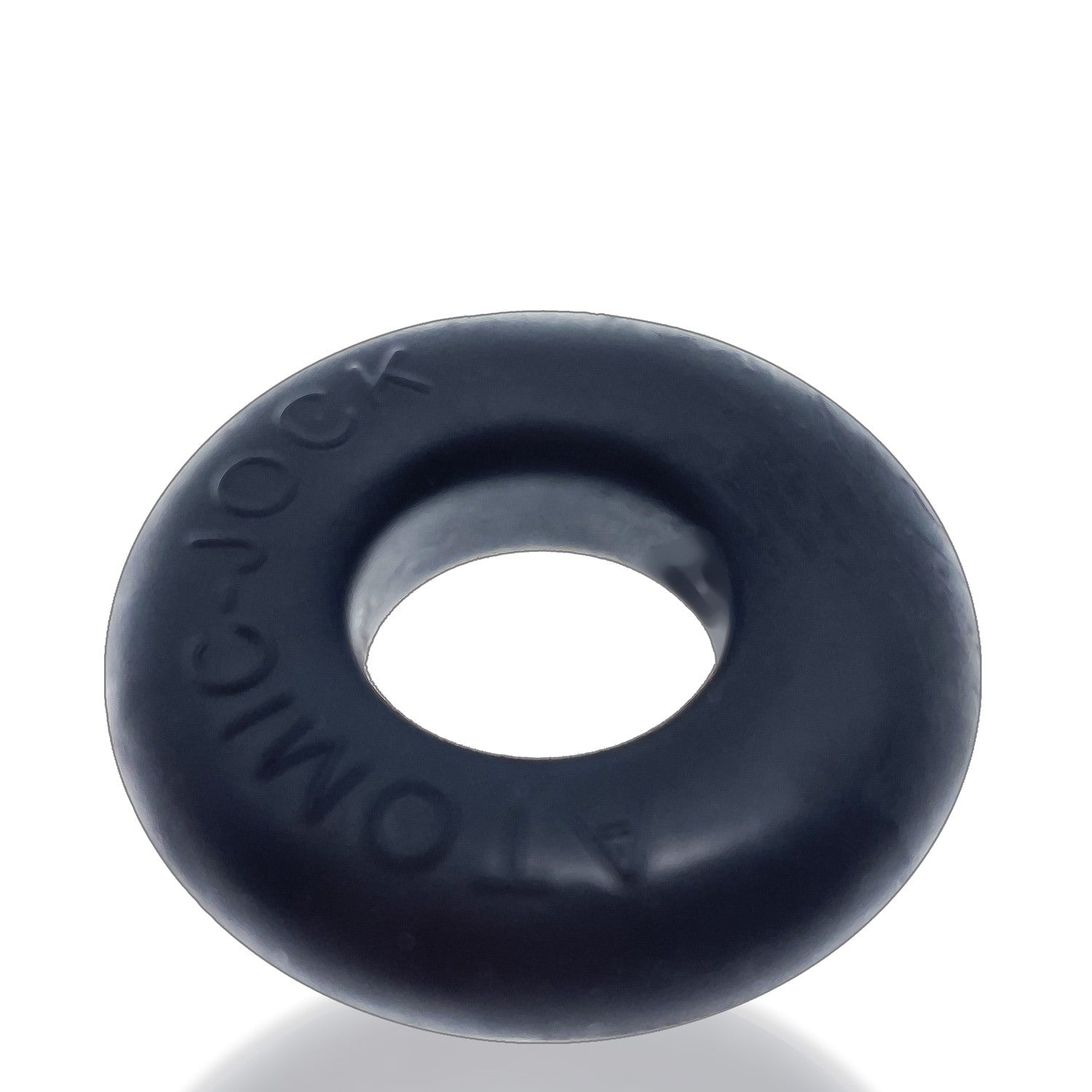 Black silicone cock ring with "ATOM-JOCK" embossed on it.