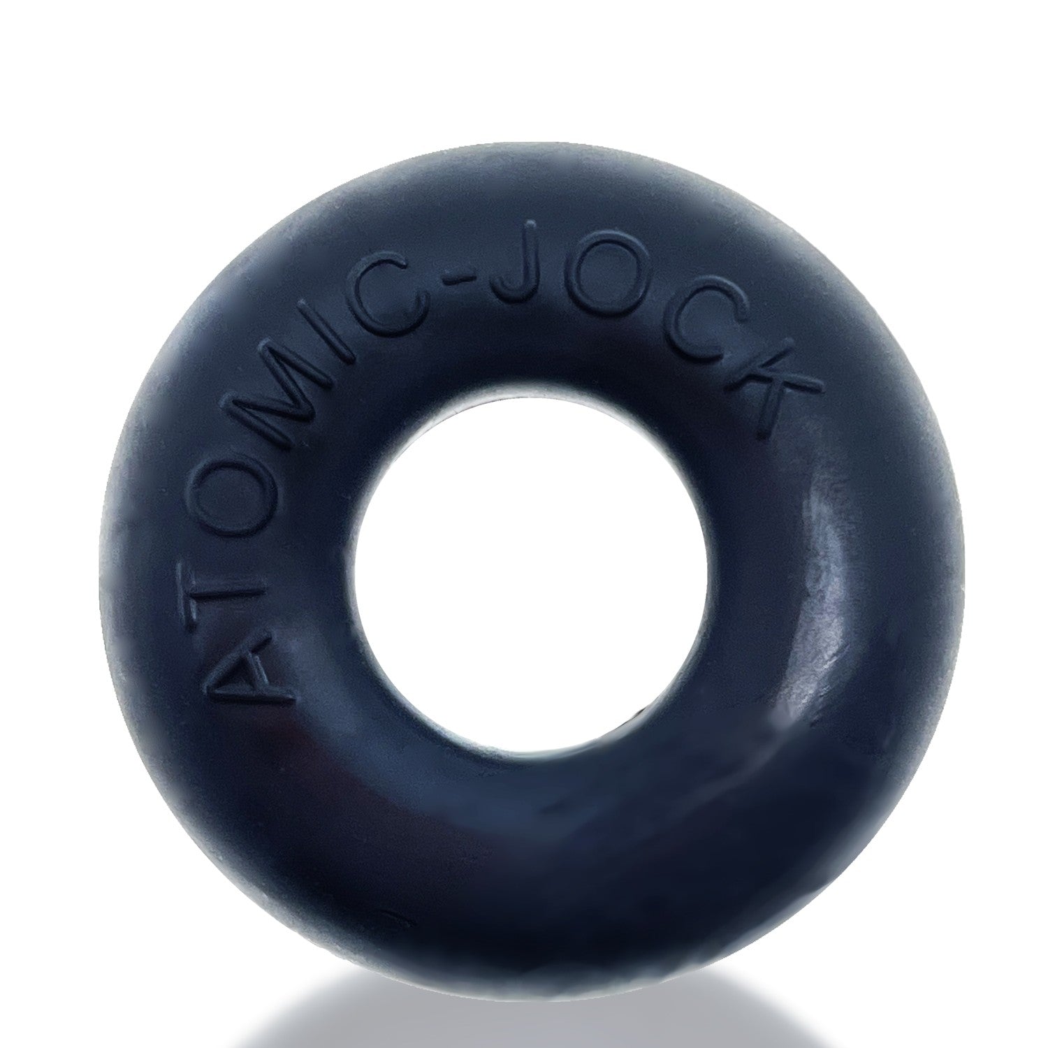 Dark blue silicone ring with "ATOMIC-JOCK" embossed on it.
