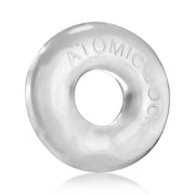 Clear, stretchy TPR cock ring with "ATOMIC JOCK" embossed on the surface.