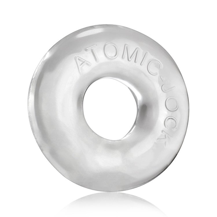 Clear, stretchy TPR cock ring with "ATOMIC JOCK" embossed on the surface.