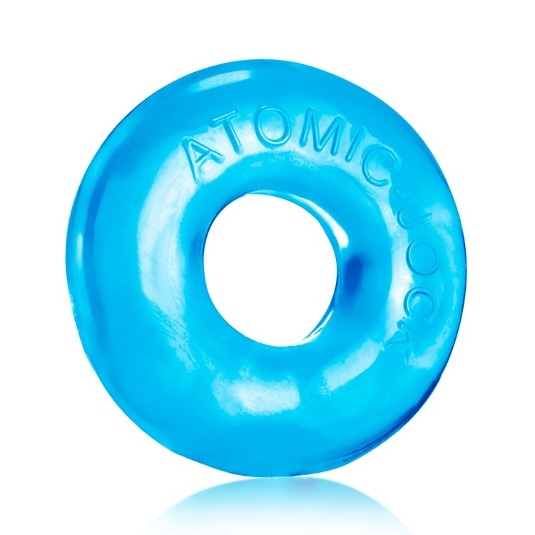 Blue stretchy jelly cock ring with "ATOMIC JOCK" embossed.