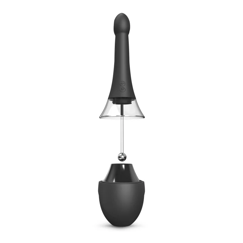 Black automatic anal douche and vibrator with clear funnel and metal ball.