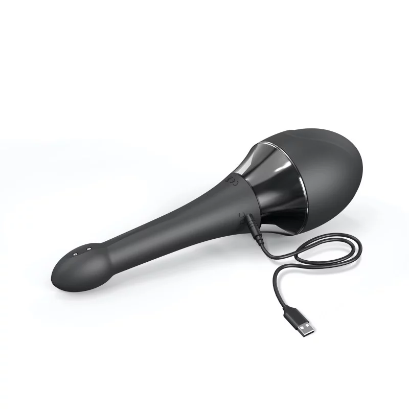 Black automatic anal douche and vibrator with USB charging cable.