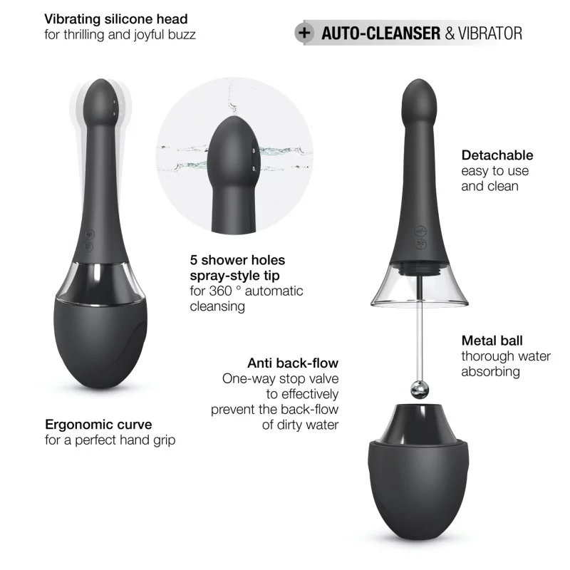 Black silicone anal douche and vibrator with spray-style tip.