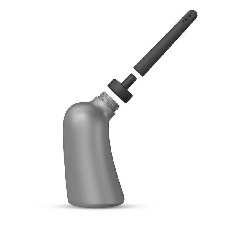 Pear-shaped enema bottle with a detached nozzle.