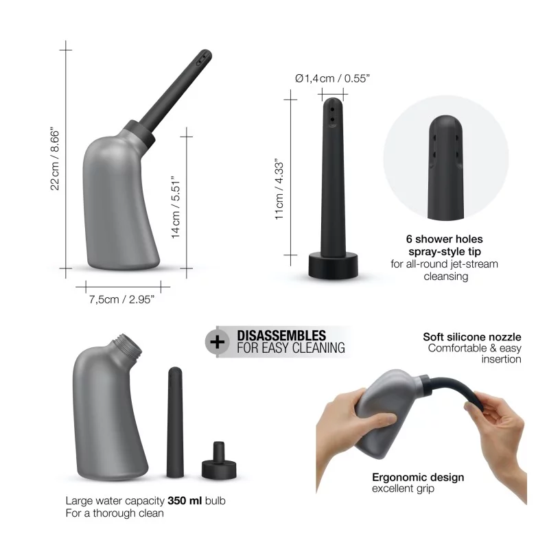 Pear-shaped enema with a 350ml bulb and a 6-jet cleansing tip.