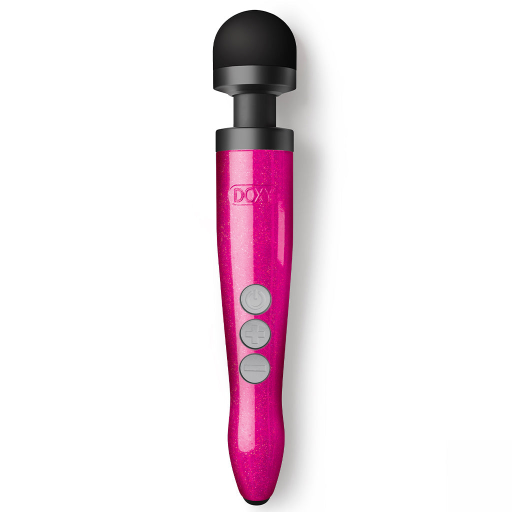 Pink glitter wand massager with three grey buttons.