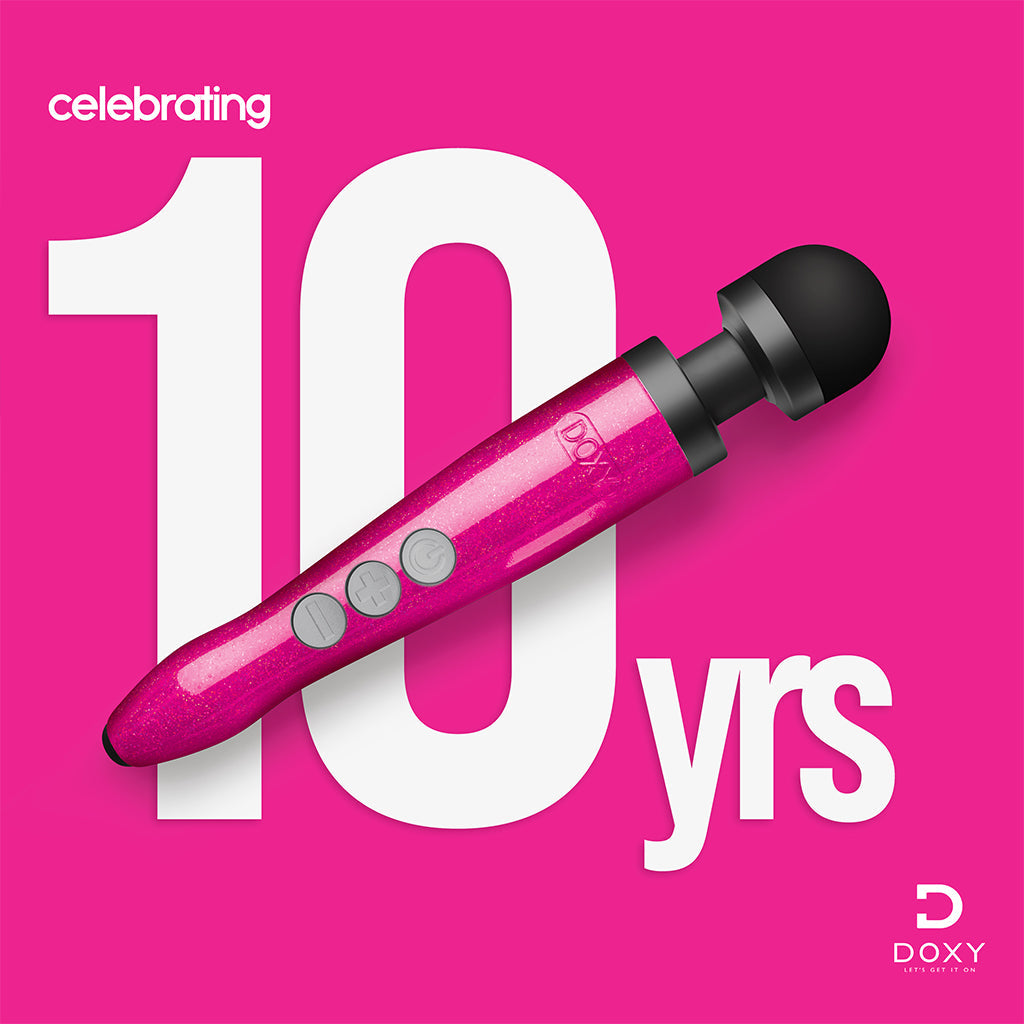 Pink rechargeable wand massager with "10 yrs" text.