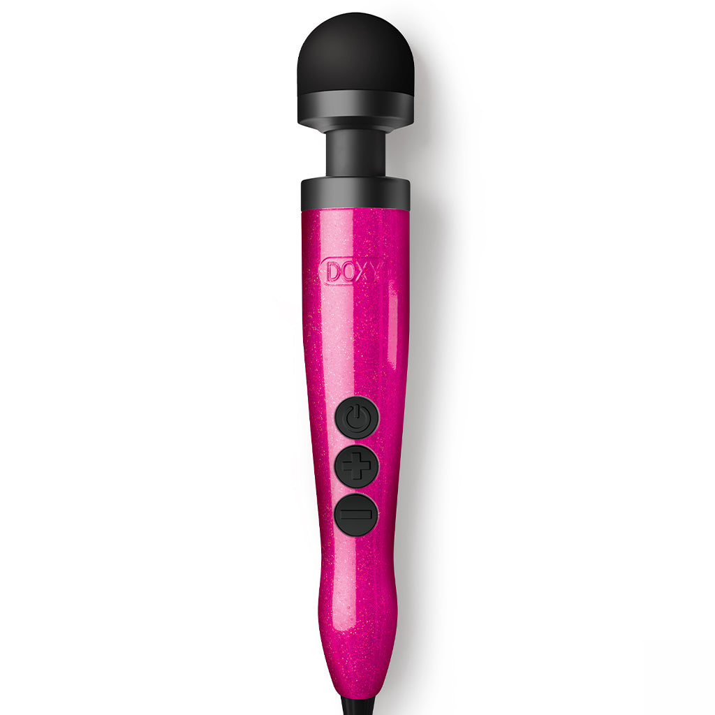 Hot pink Doxy wand massager with a black head and three control buttons.