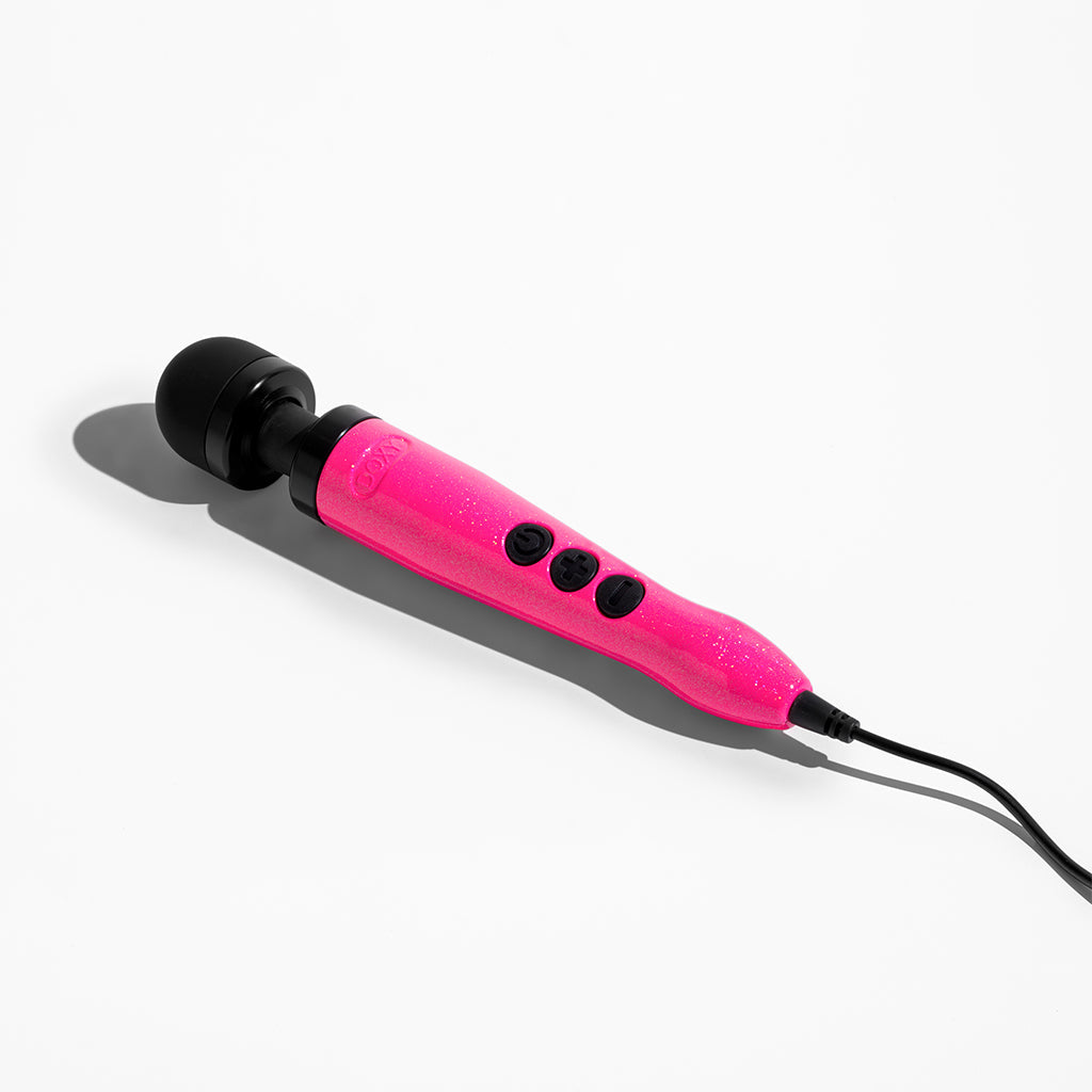 Hot pink Doxy wand massager with black head and controls.