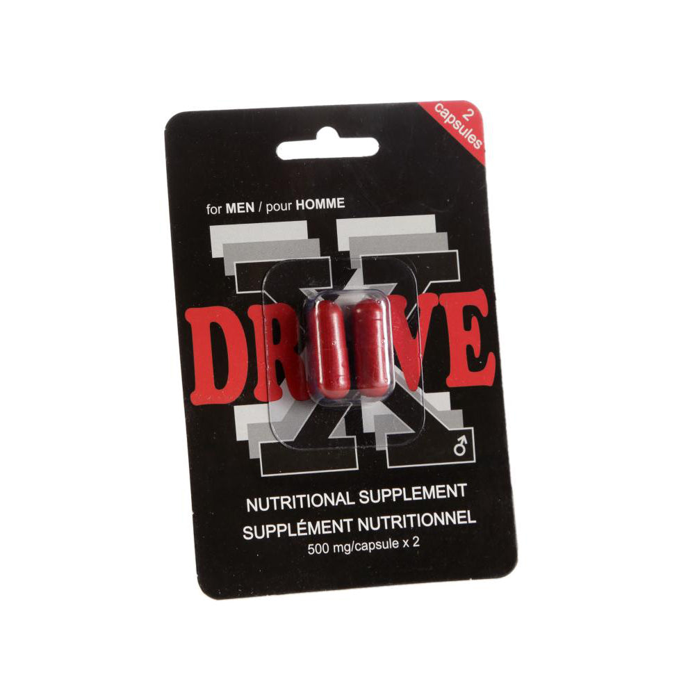 DriveX male libido supplement with two red capsules in packaging.