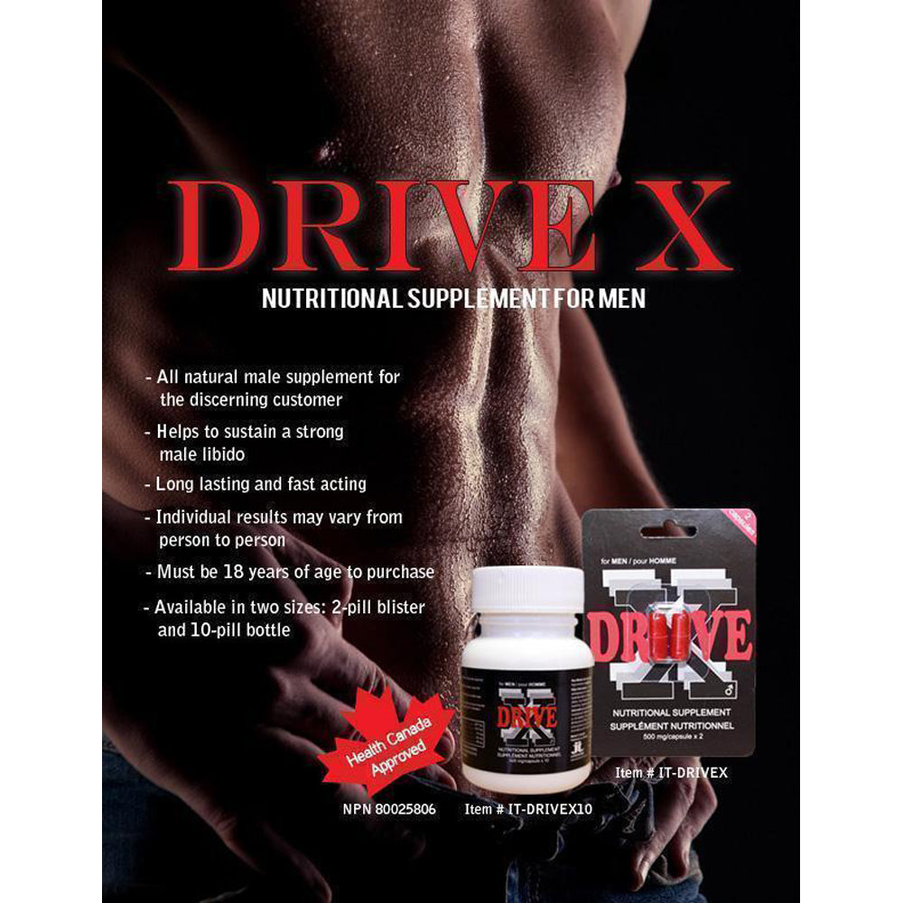 DriveX male libido supplement bottle and blister pack with product information.