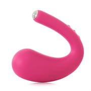 Pink app-controlled G-spot and clitoral vibrator with a curved shape.