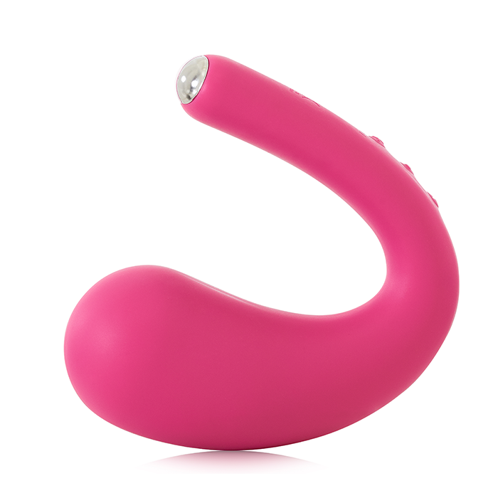 Pink app-controlled G-spot and clitoral vibrator with a curved shape.