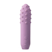 Lilac silicone vibrator with raised bumps and control buttons.