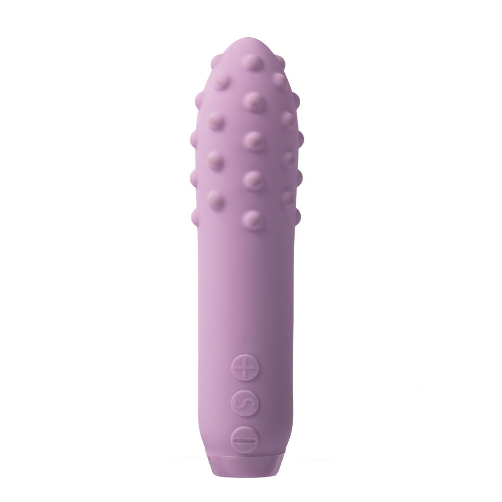 Lilac silicone vibrator with raised bumps and control buttons.