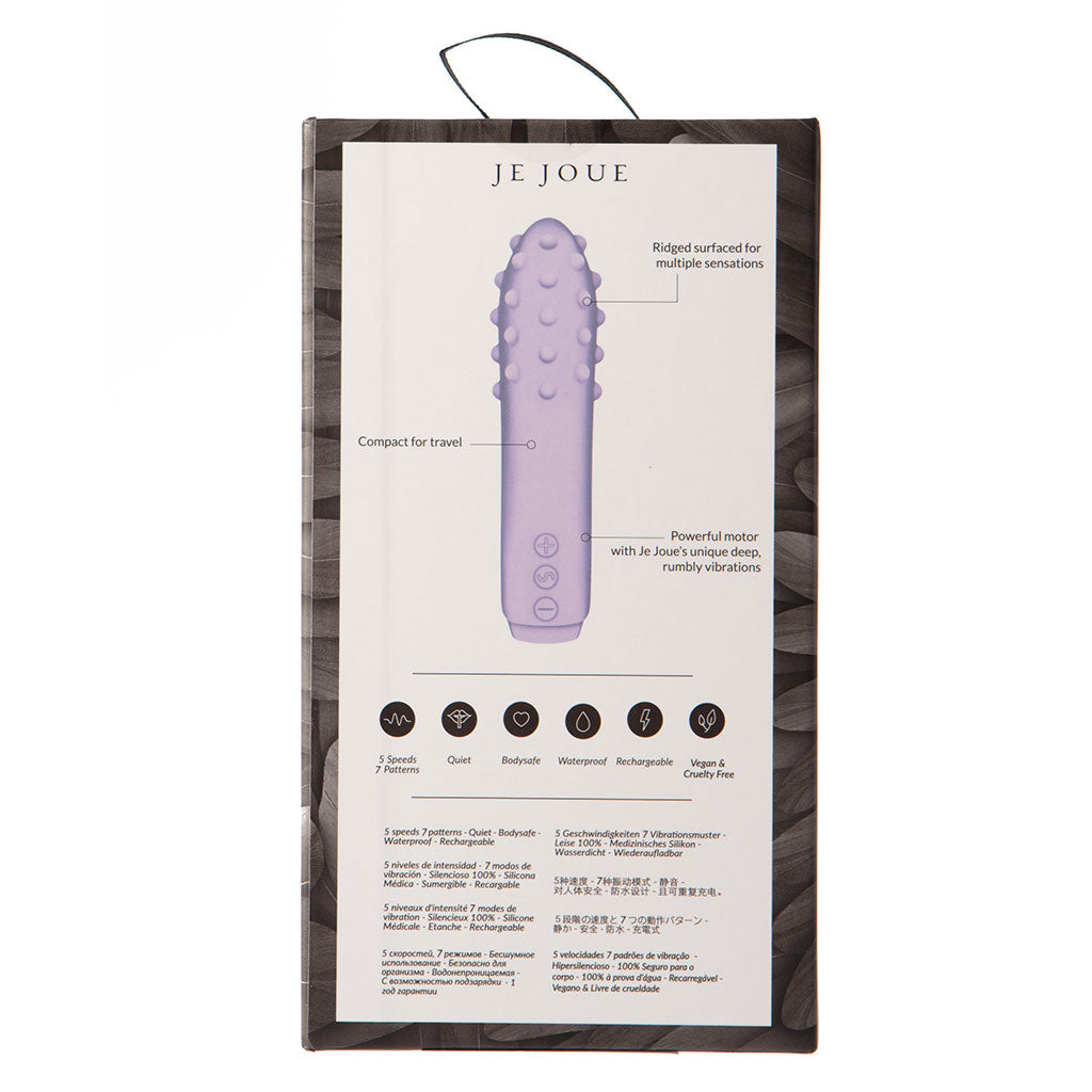 Lilac silicone vibrator with ridged surface and multiple vibration settings.