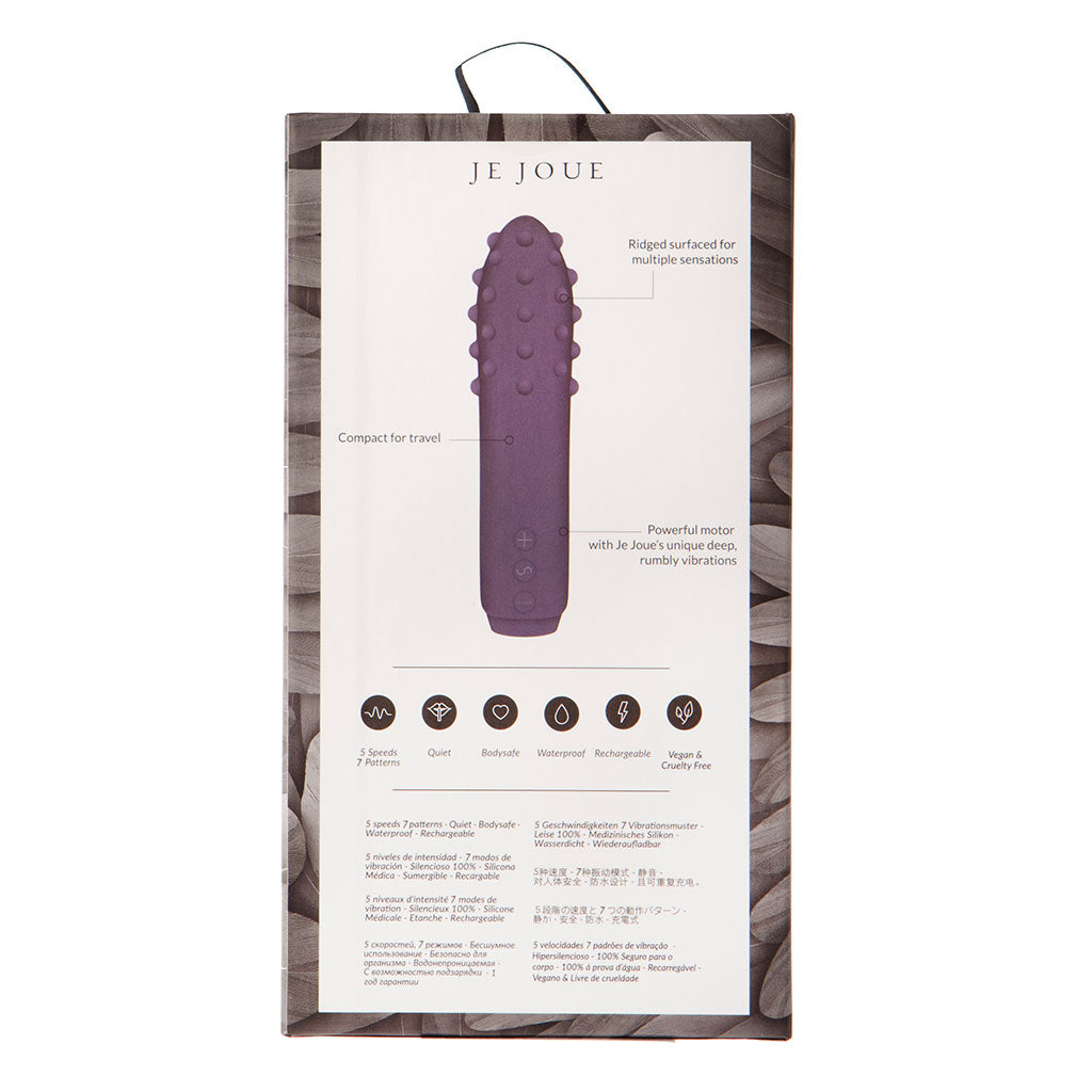 Purple silicone vibrator with ridged surface and multiple settings.