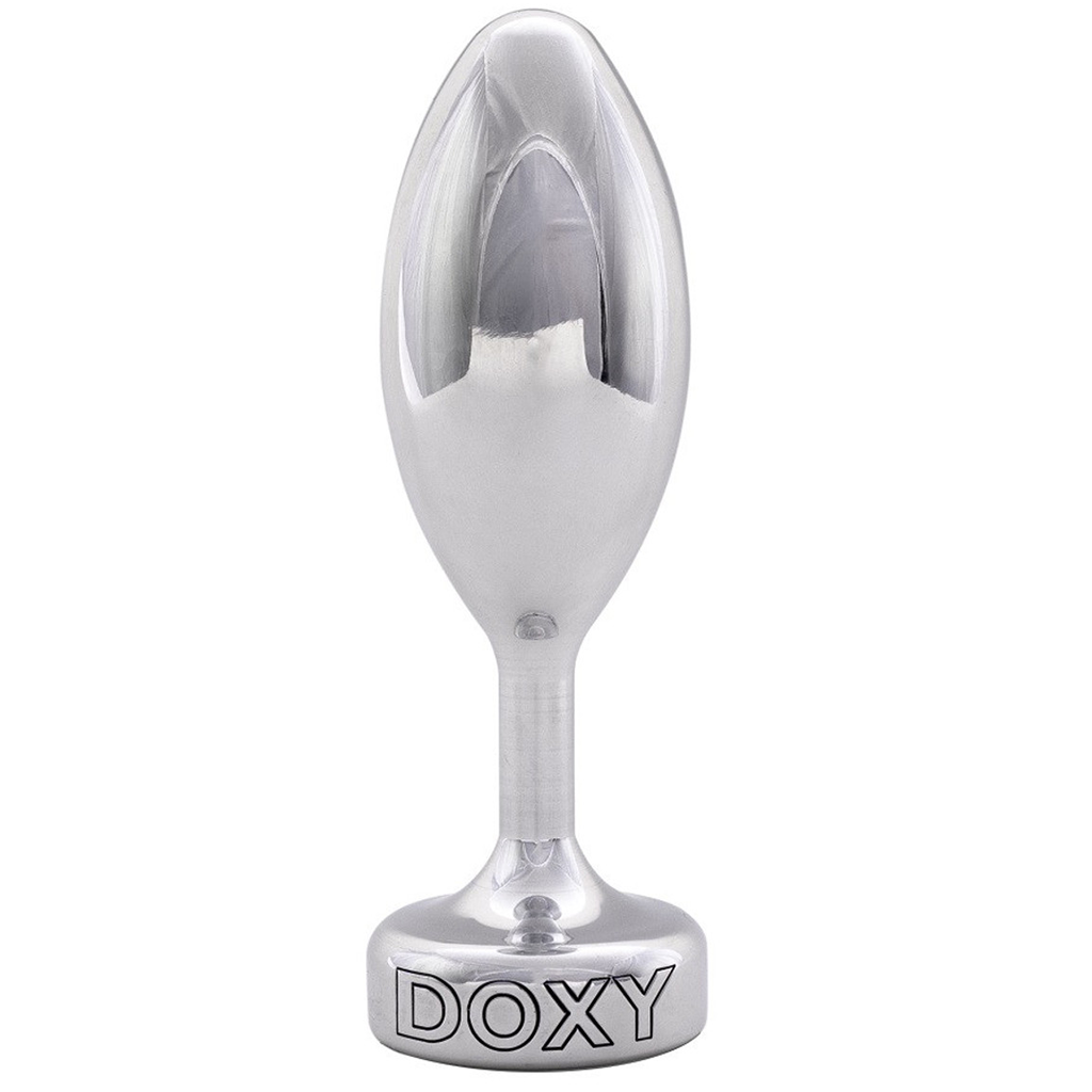 Smooth aluminum metal butt plug with a flat base and the brand name Doxy.