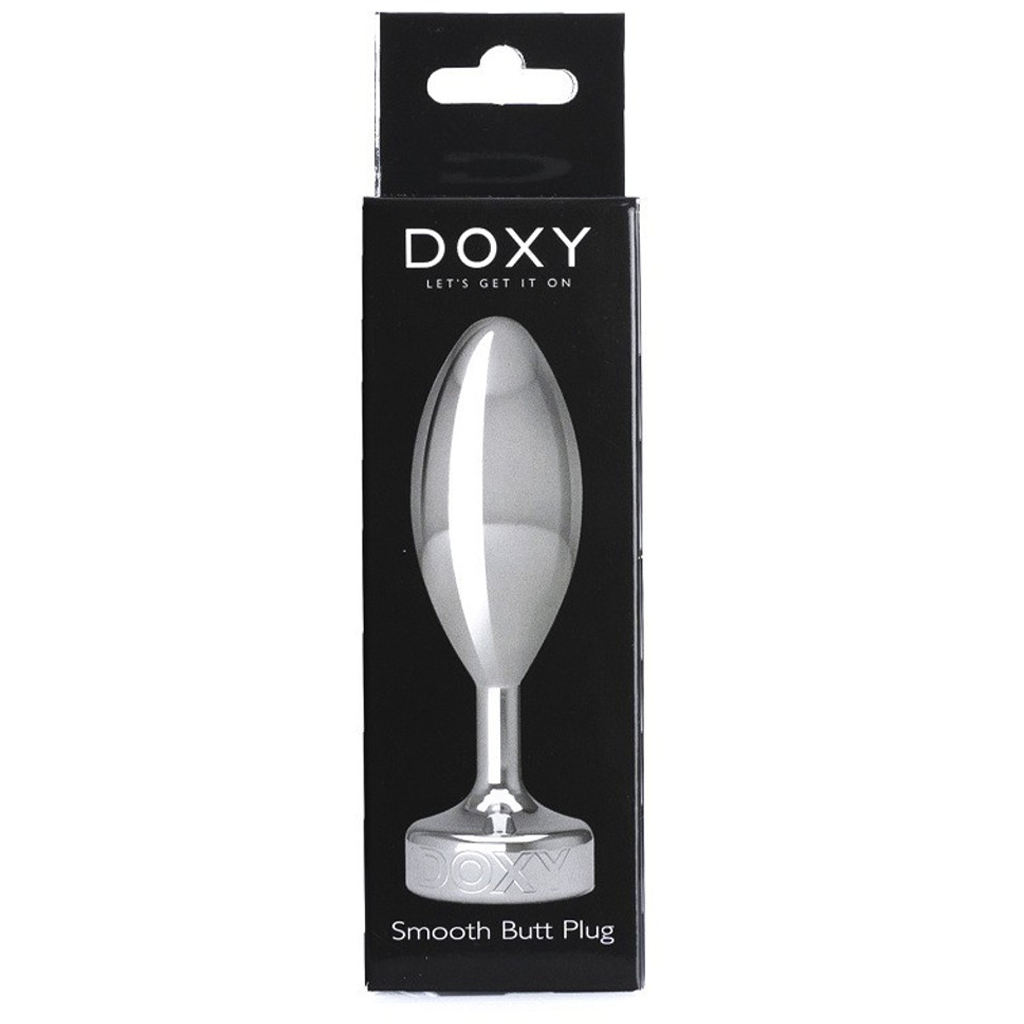 A silver, smooth metal butt plug with a flared base, shown in its black packaging.