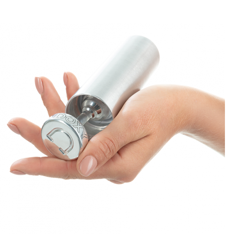 Smooth aluminum butt plug with a Doxy engraved cap and storage case.